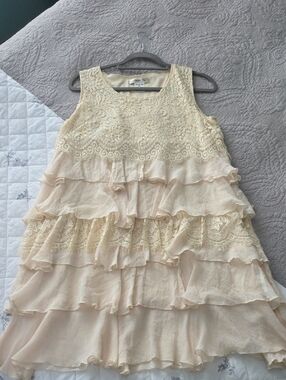 Sleeveless Cream Lace & Ruffle Formal Dress